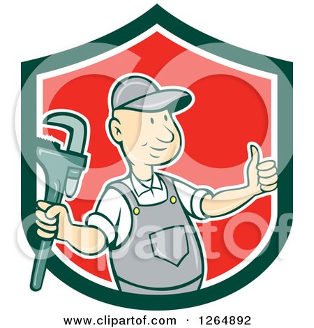 Clipart of a Cartoon Plumber Holding a Monkey Wrench and Thumb up in a Green White and Red Shield - Royalty Free Vector Illustration by patrimonio
