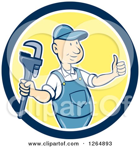 Clipart of a Cartoon Plumber Holding a Monkey Wrench and Thumb up in a Yellow Blue and White Circle - Royalty Free Vector Illustration by patrimonio