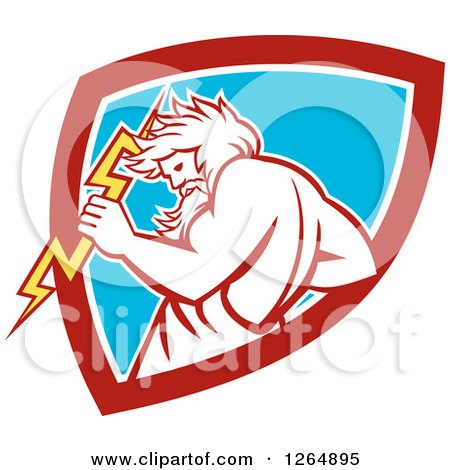 Clipart of a Retro Zeus Holding a Thunder Bolt in a Red White and Blue Shield - Royalty Free Vector Illustration by patrimonio