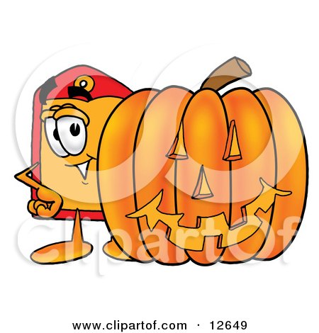 Clipart Picture of a Price Tag Mascot Cartoon Character With a Carved Halloween Pumpkin by Mascot Junction