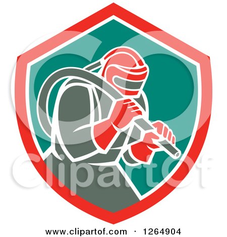 Clipart of a Sandblaster in a Red White and Green Shield - Royalty Free Vector Illustration by patrimonio