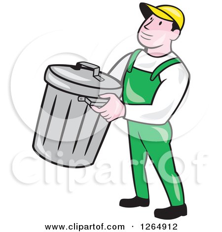 Clipart of a Cartoon White Male Garbage Man Carrying a Bin - Royalty Free Vector Illustration by patrimonio