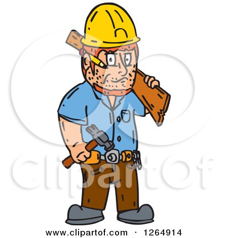 Clipart of a Carpenter Carrying Lumber - Royalty Free Vector Illustration by patrimonio
