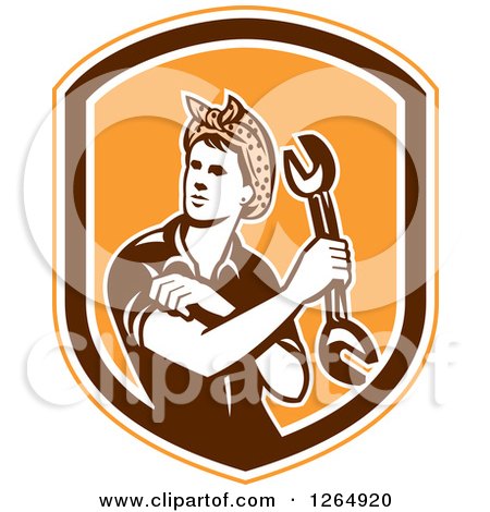 Clipart of a Retro Female Mechanic Holding a Wrench and Rolling up Her Sleeves in an Orange White and Brown Shield - Royalty Free Vector Illustration by patrimonio