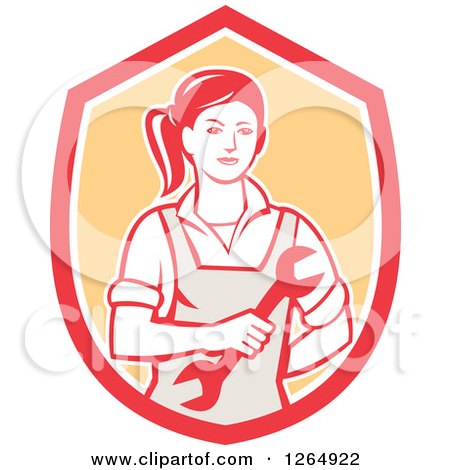 Clipart of a Retro Female Mechanic Holding a Wrench in a Red White and Orange Shield - Royalty Free Vector Illustration by patrimonio