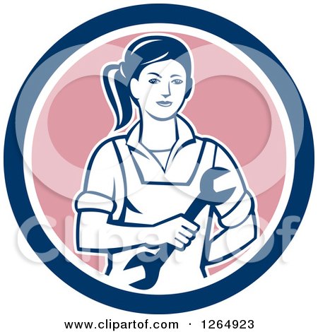 Clipart of a Retro Female Mechanic Holding a Wrench in a Blue White and Pink Circle - Royalty Free Vector Illustration by patrimonio