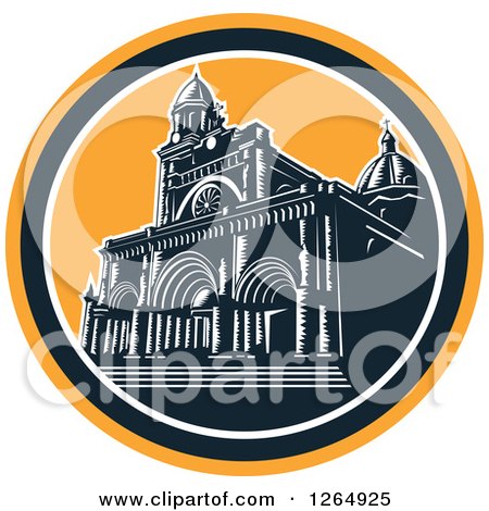 Clipart of a Retro Woodcut Facade of the Manila Cathedral in Intramuros, Manila, Philippines - Royalty Free Vector Illustration by patrimonio