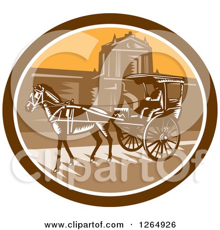 Clipart of a Retro Woodcut Horse Drawn Carriage at the Walled City in Intramuros, Manila, Philippines - Royalty Free Vector Illustration by patrimonio