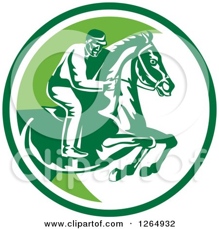 Clipart of a Retro Horseback Jockey in a Green and White Circle - Royalty Free Vector Illustration by patrimonio