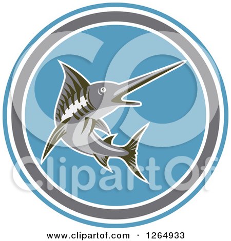 Clipart of a Swimming Marlin Fish in a Blue Gray and White Circle - Royalty Free Vector Illustration by patrimonio