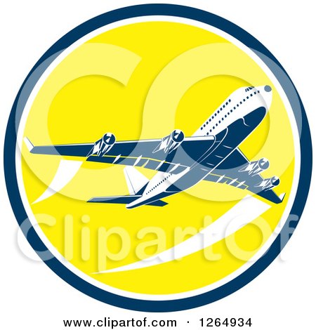 Clipart of a Flying Airplane Inside a Yellow Blue and White Circle - Royalty Free Vector Illustration by patrimonio