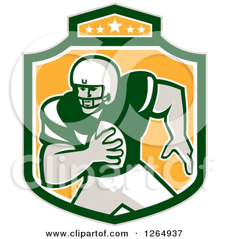 Clipart of a Retro American Football Player in a Green White and Yellow Shield - Royalty Free Vector Illustration by patrimonio