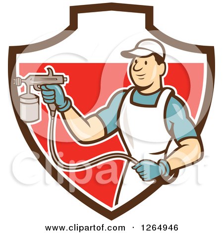 Clipart of a Cartoon Male Painter Using a Spray Gun in a Brown White and Red Shield - Royalty Free Vector Illustration by patrimonio
