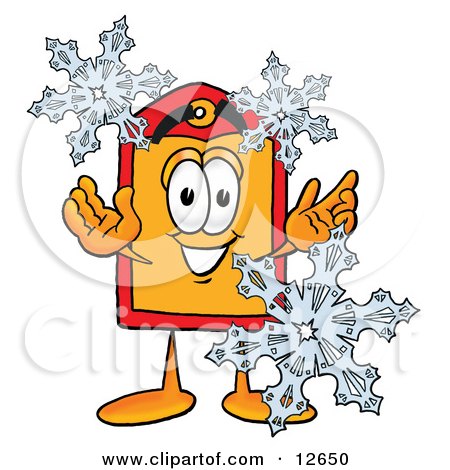 Clipart Picture of a Price Tag Mascot Cartoon Character With Three Snowflakes in Winter by Mascot Junction