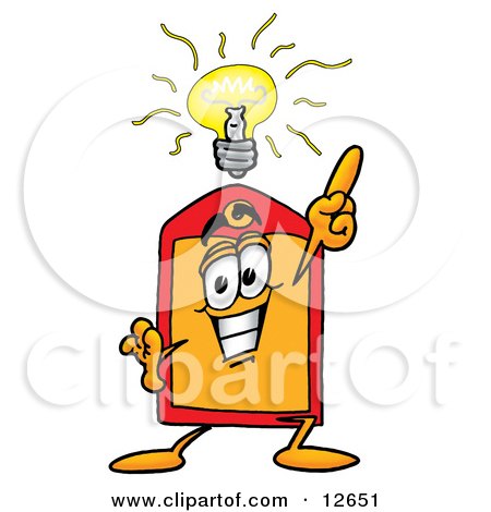 Clipart Picture of a Price Tag Mascot Cartoon Character With a Bright Idea by Mascot Junction