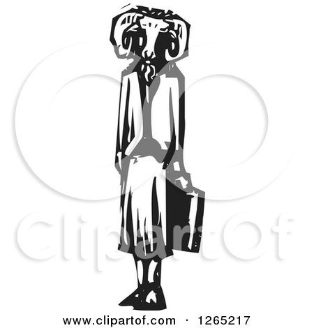 Clipart of a Black and White Woodcut Business Woman with a Goat Head - Royalty Free Vector Illustration by xunantunich