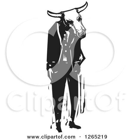 Clipart of a Black and White Woodcut Minotaur or Man Wearing a Bull Head Mask - Royalty Free Vector Illustration by xunantunich