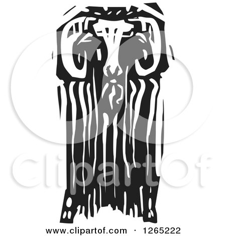 Clipart of a Black and White Woodcut Ibex Ram - Royalty Free Vector Illustration by xunantunich