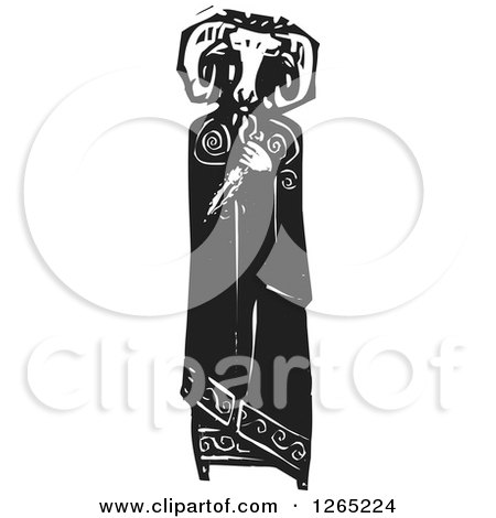 Clipart of a Black and White Woodcut Satanic Priest Holding a Knife and Wearing a Ram Mask - Royalty Free Vector Illustration by xunantunich