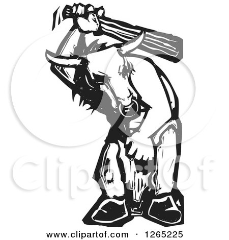 Clipart of a Black and White Woodcut Minotaur Swinging a Club - Royalty Free Vector Illustration by xunantunich