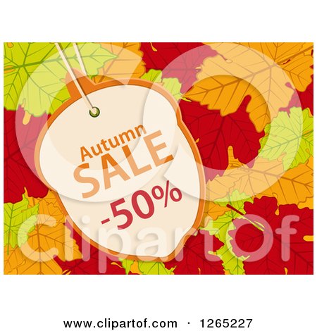 Clipart of an Acorn Shaped Autumn Sales Discount Tag over Fall Leaves - Royalty Free Vector Illustration by elaineitalia