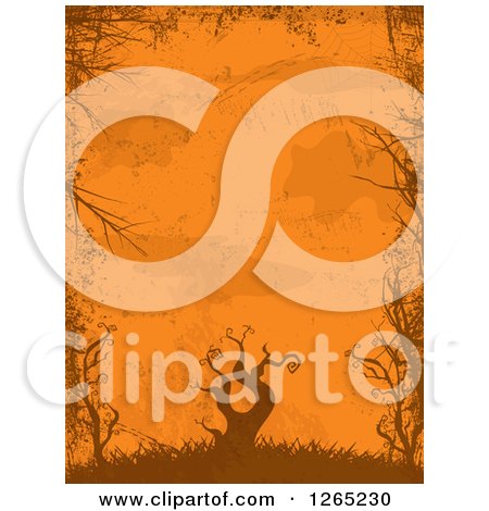 Clipart of a Halloween Background of a Dead Tree and Bare Branches Framing Oragne Grunge - Royalty Free Vector Illustration by elaineitalia