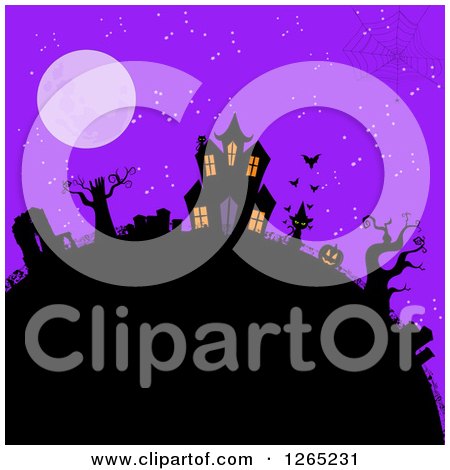 Spider Web over a Hill with a Halloween Haunted House, Cat Jackolantern and Cemetery Against a Full Moon and Purple Sky Posters, Art Prints