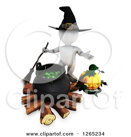Clipart of a 3d White Witch with a Jackolantern and Halloween Cauldron - Royalty Free Illustration by KJ Pargeter