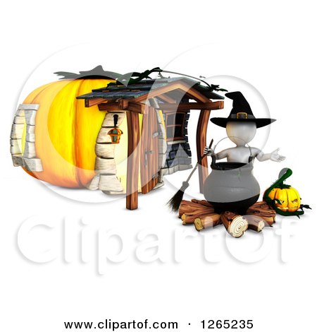 Clipart of a 3d White Witch with a Jackolantern and Halloween Cauldron at a Pumpkin House - Royalty Free Illustration by KJ Pargeter