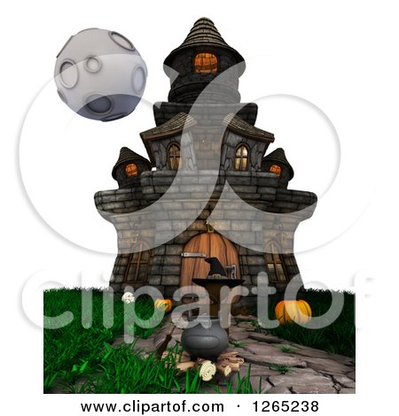 Clipart of a 3d Brown Witch with a Cauldron at a Haunted House - Royalty Free Illustration by KJ Pargeter