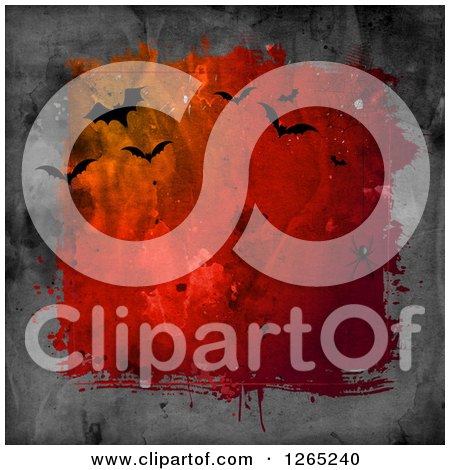 Clipart of a Halloween Background of a Spider and Flying Bats over Red and Gray Grunge - Royalty Free Illustration by KJ Pargeter
