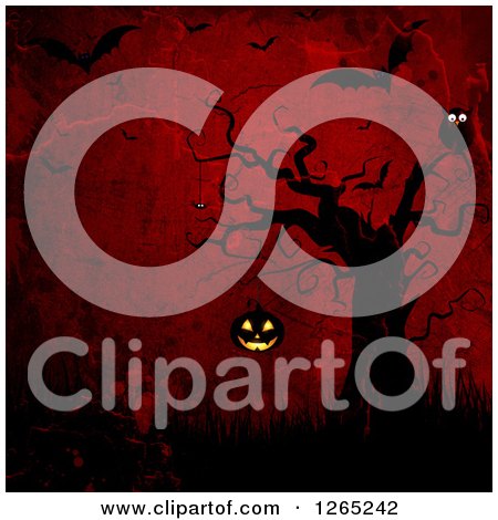 Clipart of a Spooky Tree with an Owl and Hanging Jackolantern Pumpkin over Dark Grungy Red and Vampire Bats - Royalty Free Illustration by KJ Pargeter