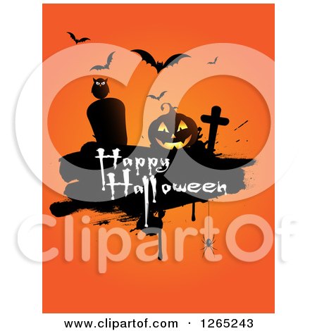 Clipart of Vampire Bats, an Owl, Spider, Tombstones and Jackolantern with Happy Halloween Text over Orange - Royalty Free Vector Illustration by KJ Pargeter