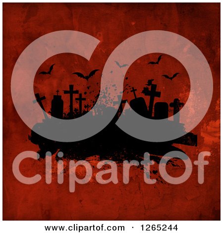 Clipart of Tombstones in a Cemetery Under Flying Bats on Red Grunge - Royalty Free Illustration by KJ Pargeter