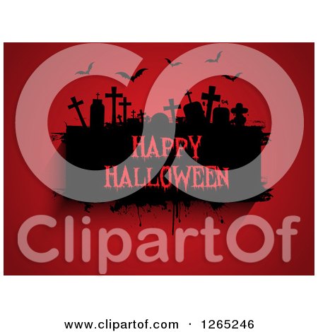 Clipart of a Grunge Black Cemetery Scene with Happy Halloween Text and Bats on Red - Royalty Free Vector Illustration by KJ Pargeter