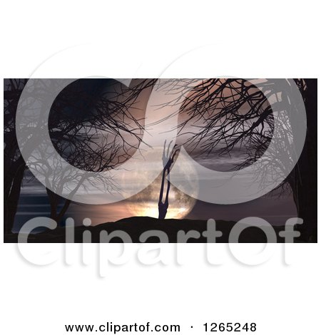 Clipart of a 3d Rising Zombie Hand with Bare Trees and a Full Moon - Royalty Free Illustration by KJ Pargeter