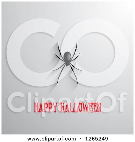 Clipart of a Black Spider and Shadow over Happy Halloween Text on Gray - Royalty Free Vector Illustration by KJ Pargeter