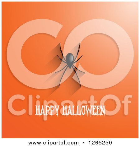 Clipart of a Black Spider and Shadow over Happy Halloween Text on Orange - Royalty Free Vector Illustration by KJ Pargeter