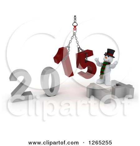 Clipart of a 3d Snowman Assembling New Year 2015 Numbers Together with a Hoist - Royalty Free Illustration by KJ Pargeter