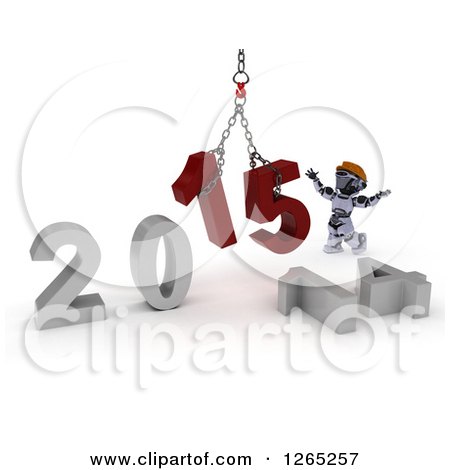 Clipart of a 3d Robot Assembling New Year 2015 Numbers Together with a Hoist - Royalty Free Illustration by KJ Pargeter