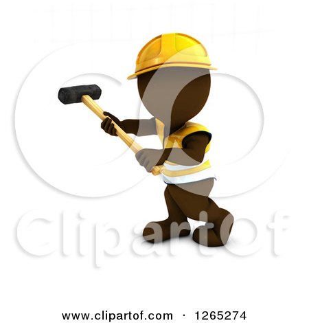 Clipart of a 3d Brown Man Construction Worker Using a Sledgehammer - Royalty Free Illustration by KJ Pargeter
