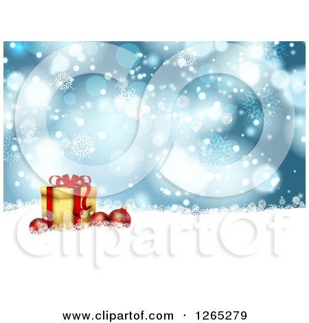 Clipart of a Christmas Background of 3d Baubles with a Gift over Blue Bokeh Flares and Snowflakes - Royalty Free Vector Illustration by KJ Pargeter