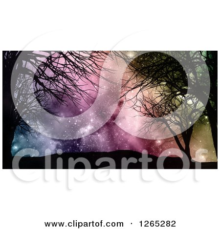 Clipart of 3d Silhouetted Bare Trees Against a Colorful Nebula Starry Night Sky - Royalty Free Illustration by KJ Pargeter