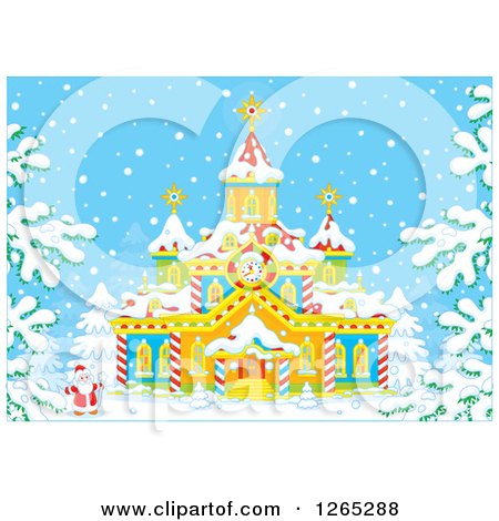 Clipart of Santa Claus Outside a Christmas Church in the Snow - Royalty Free Vector Illustration by Alex Bannykh