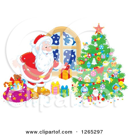 Clipart of Santa Claus Putting Christmas Gifts Around a Tree - Royalty Free Vector Illustration by Alex Bannykh