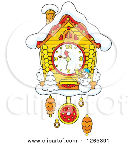Clipart of a Cuckoo Clock with Snow and a Christmas Snowman - Royalty Free Vector Illustration by Alex Bannykh