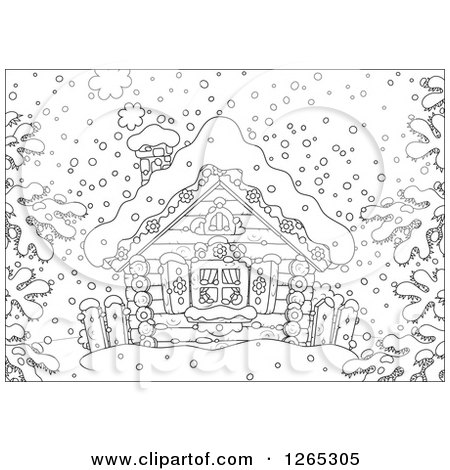 Clipart of a Black and White Log Cabin in the Snow - Royalty Free Vector Illustration by Alex Bannykh