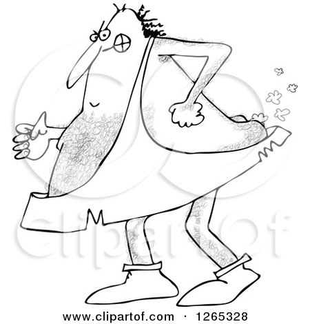Clipart of a Black and White Hairy Caveman Farting - Royalty Free Vector Illustration by djart