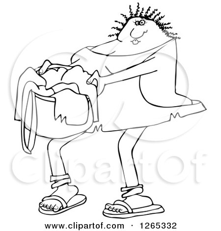 Clipart of a Black and White Cavewoman Carrying a Basket of Laundry - Royalty Free Vector Illustration by djart