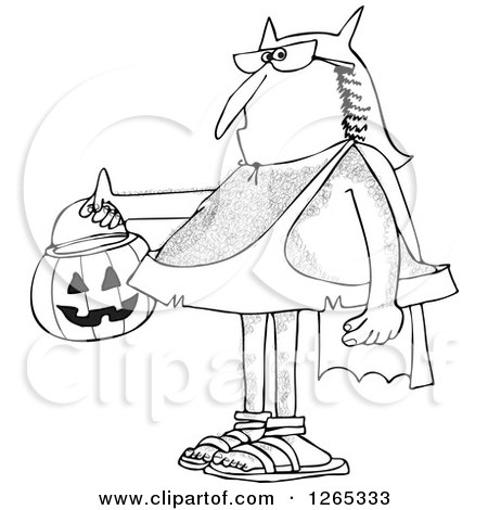 Clipart of a Black and White Hairy Caveman Trick or Treating in a Bat Man Halloween Costume - Royalty Free Vector Illustration by djart